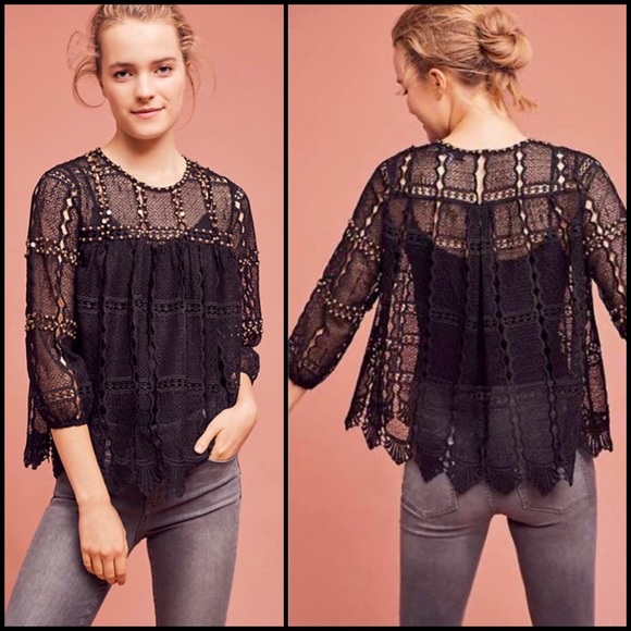 Anthro Maeve Black Crochet Lace Bronze Stud Embellished Blouse - Picture 2 of 7